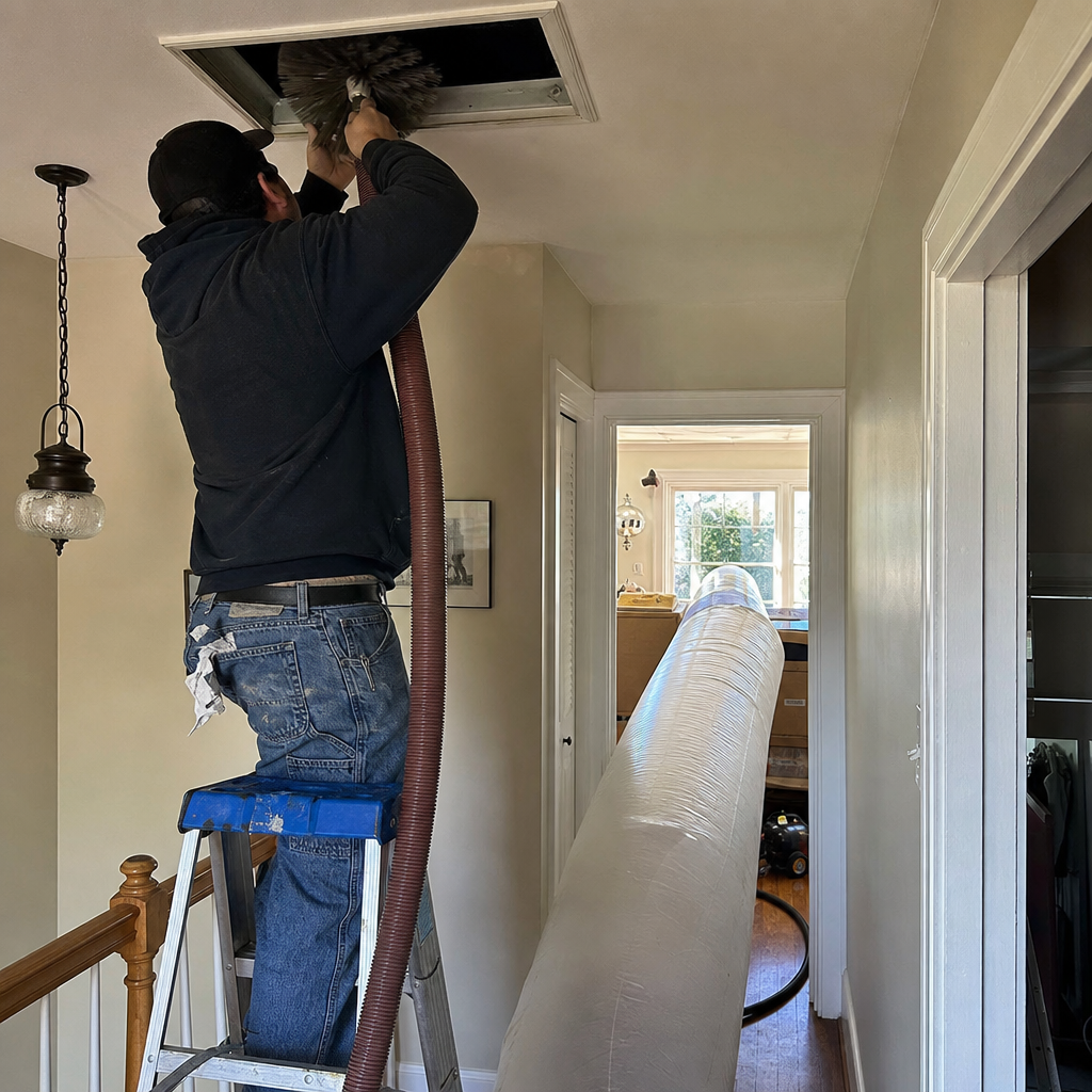 Technician using professional equipment for residential air duct cleaning