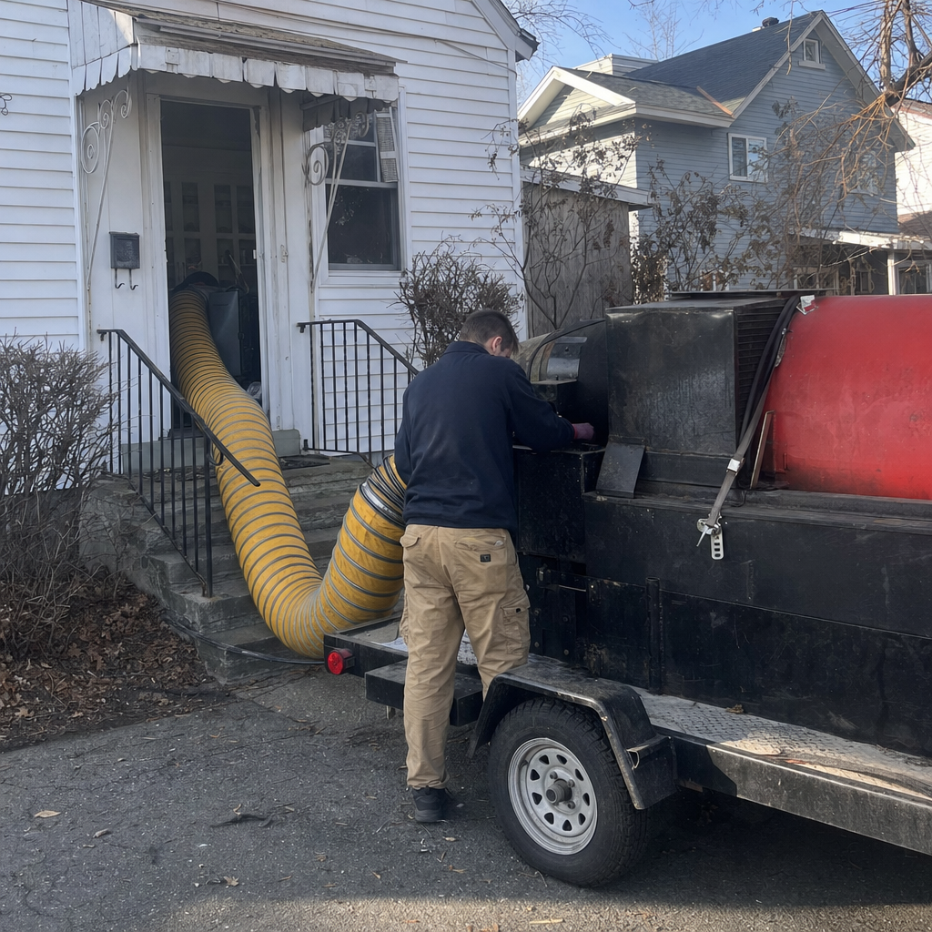 Technician using professional industrial air duct cleaning equipment at a residence