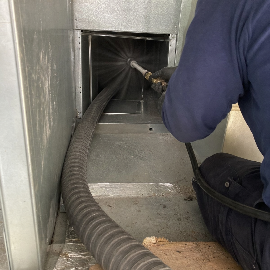 Technician performing professional air duct cleaning with a rotary brush system