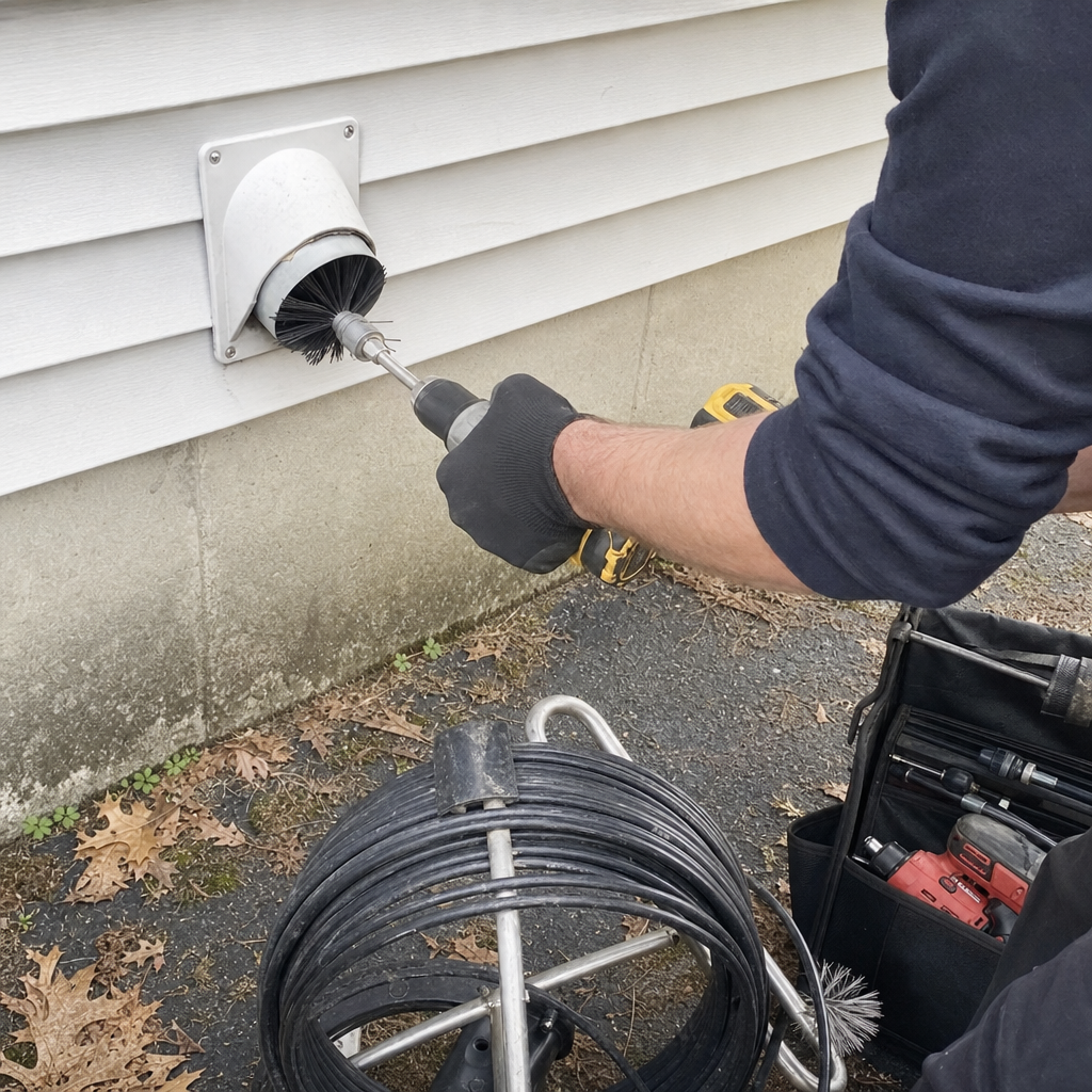 Professional dryer vent cleaning using a rotary brush and power drill