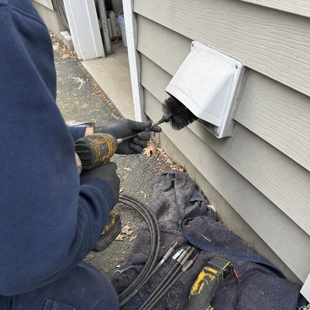 Technician using a rotary brush to clean an exterior dryer vent