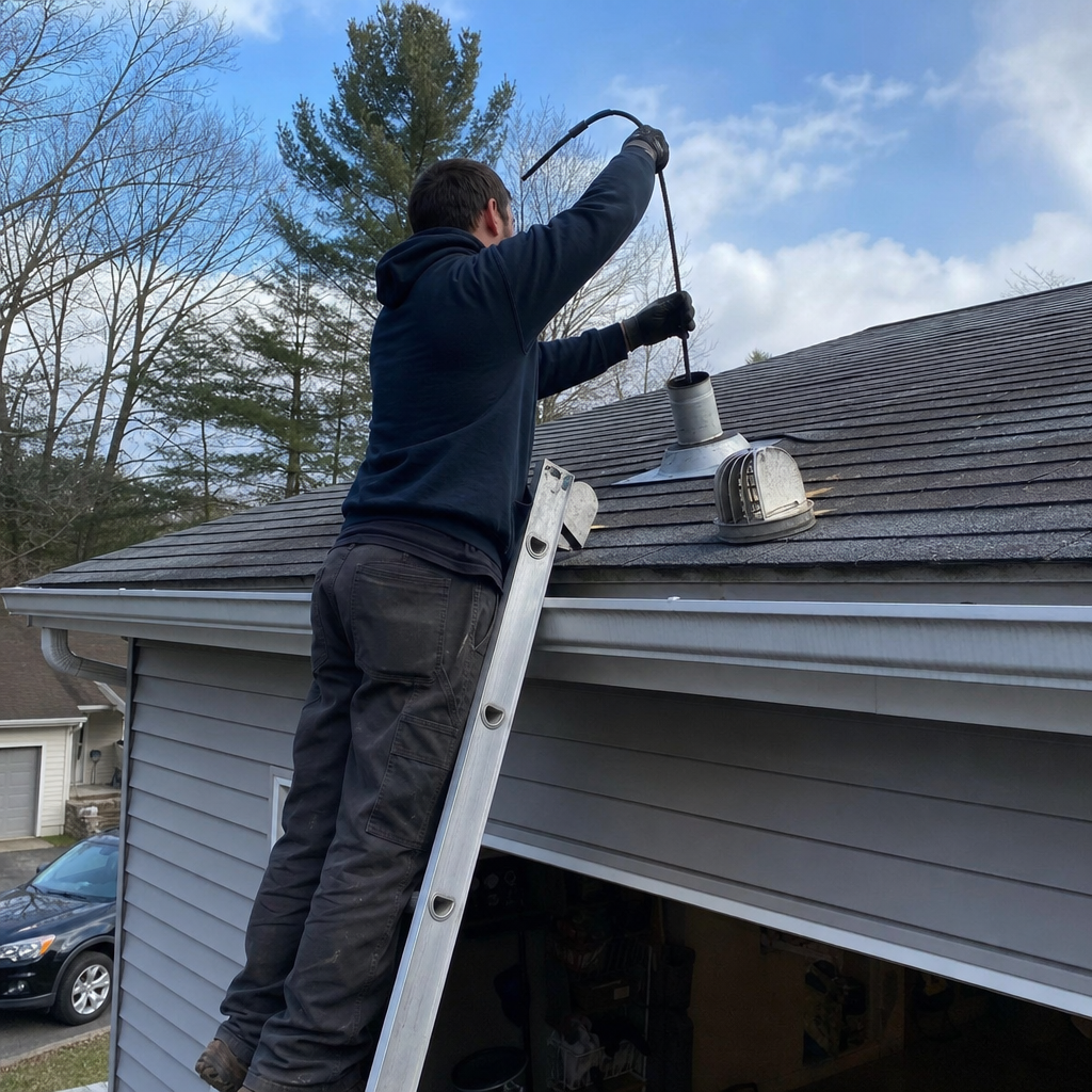Professional technician performing residential dryer vent cleaning from the roof