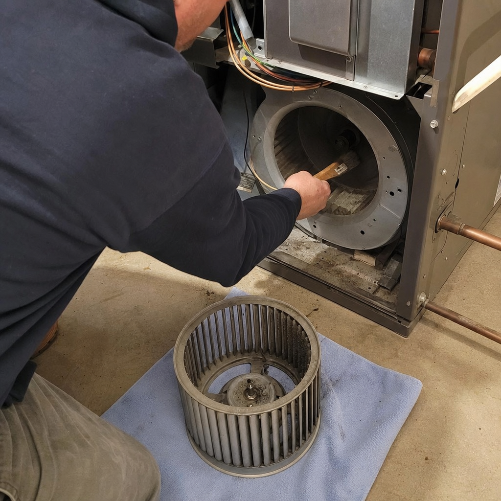 Technician performing professional HVAC blower motor and fan housing cleaning