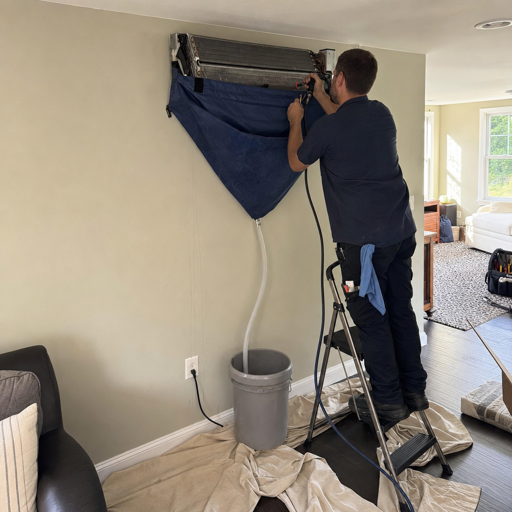 Technician performing professional HVAC unit cleaning with specialized equipment.