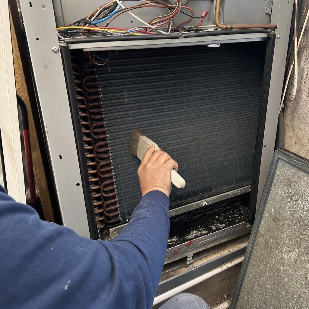 Technician using a brush to clean HVAC evaporator coils